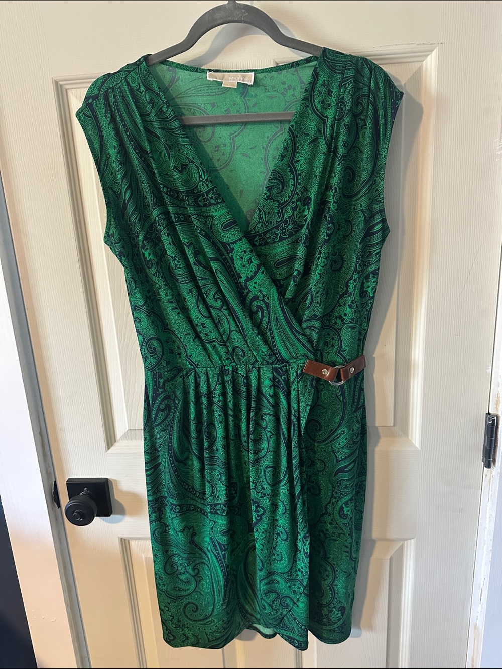 Emerald and Navy Paisley Wrap-Style Midi Dress with Faux Belt
